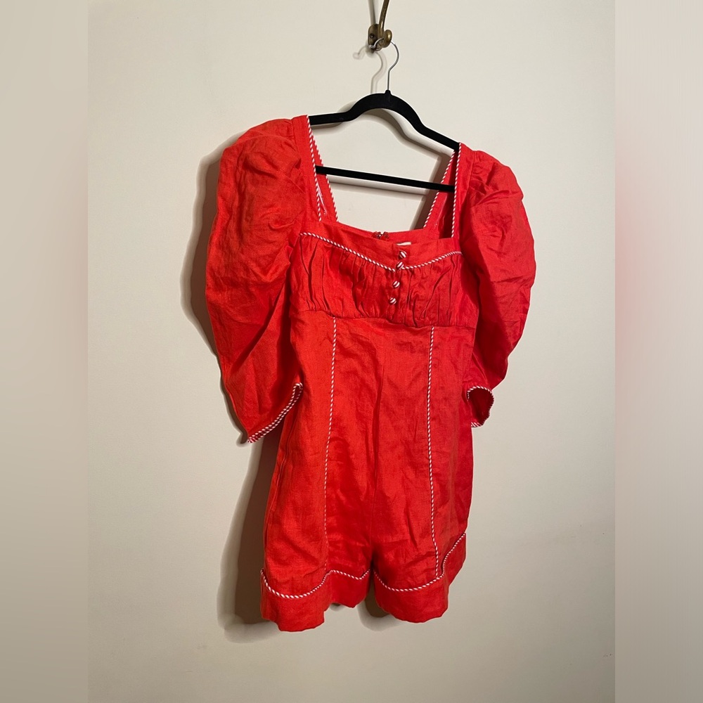 FARM Rio Bright Red Puff Sleeve Romper - Picture 6 of 9